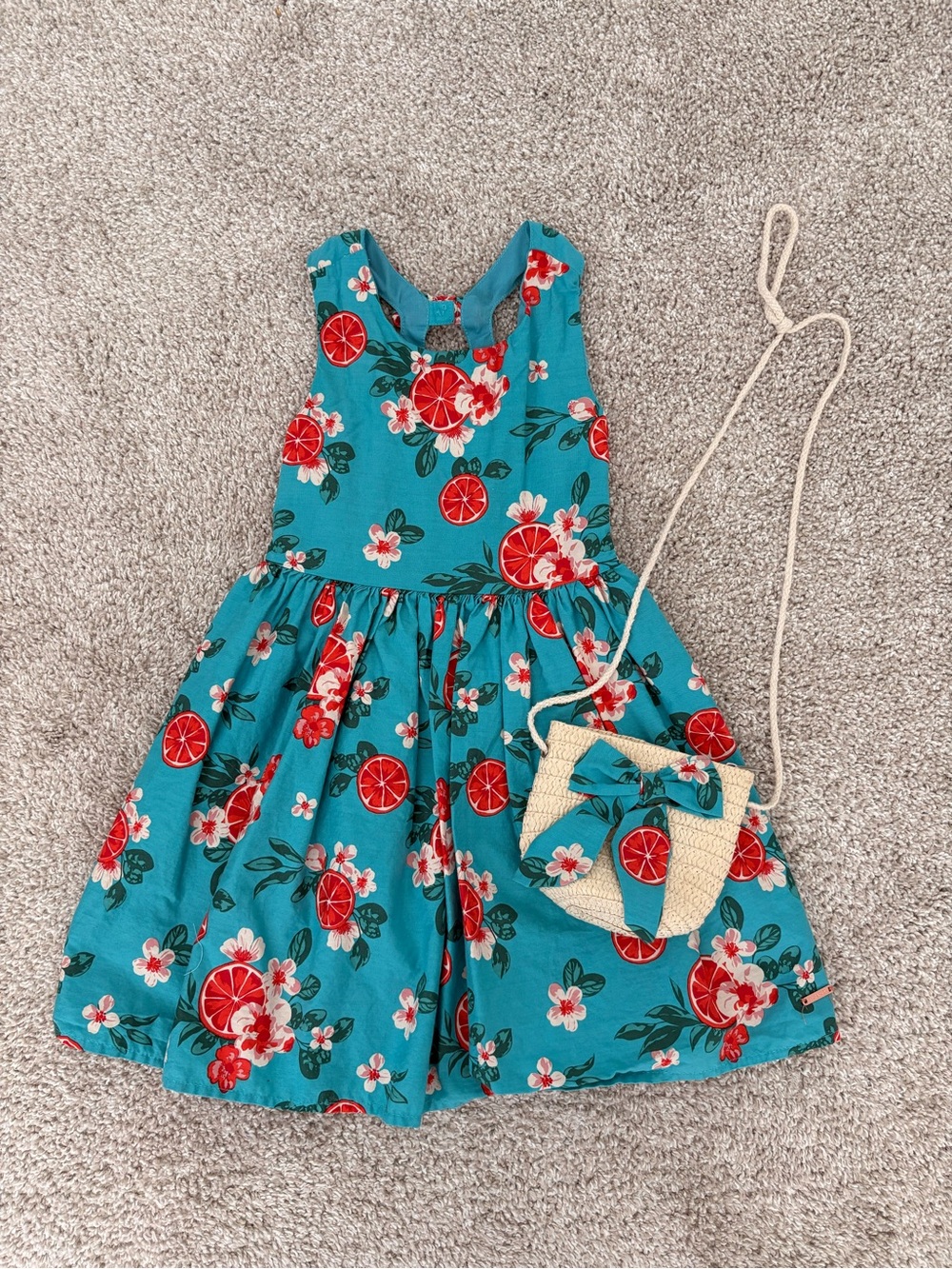 Girls Teal Floral Citrus Print Dress Size 5